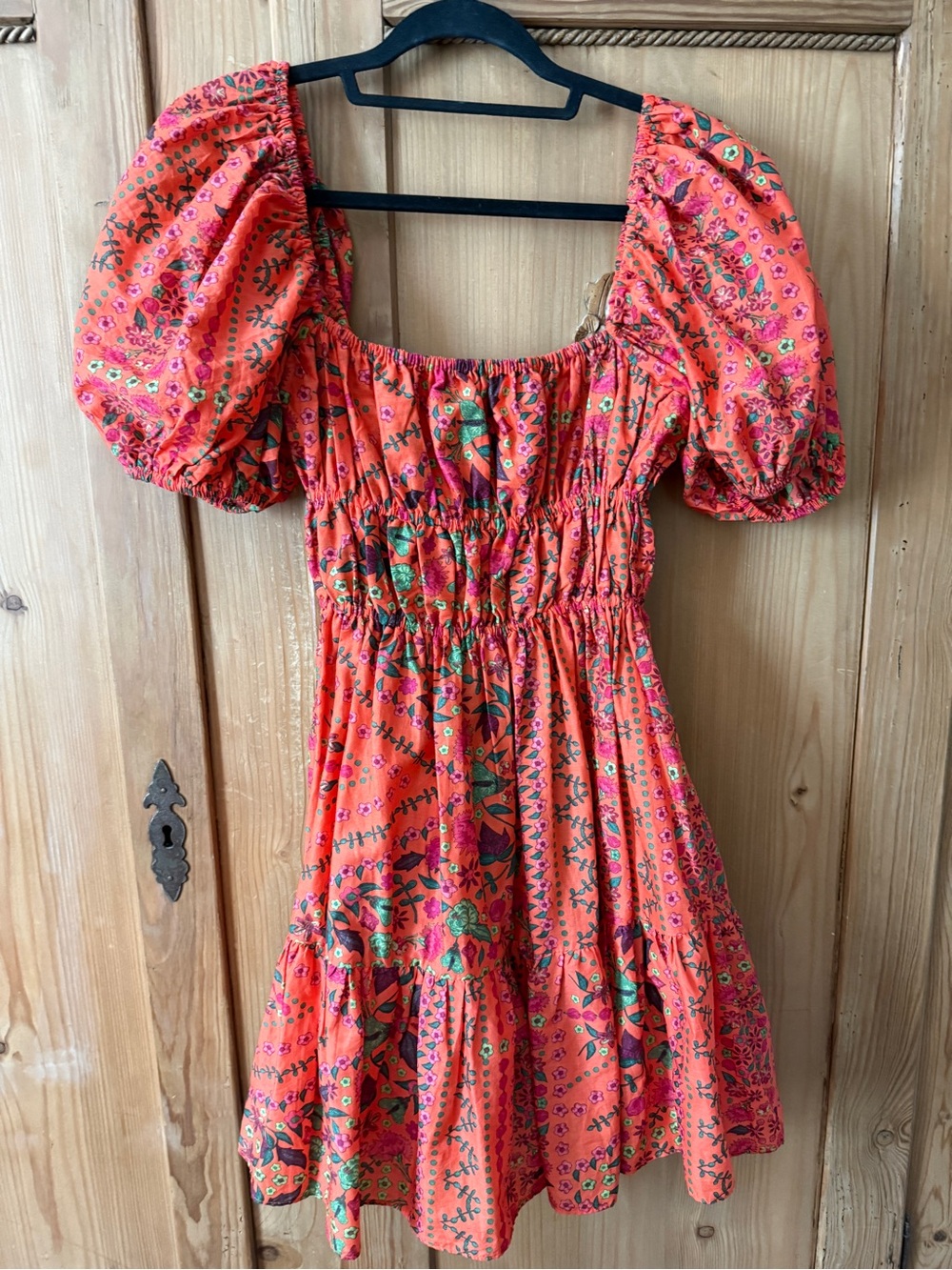 Olivaceous Orange Cotton Floral Dress with Green & Pink Accents